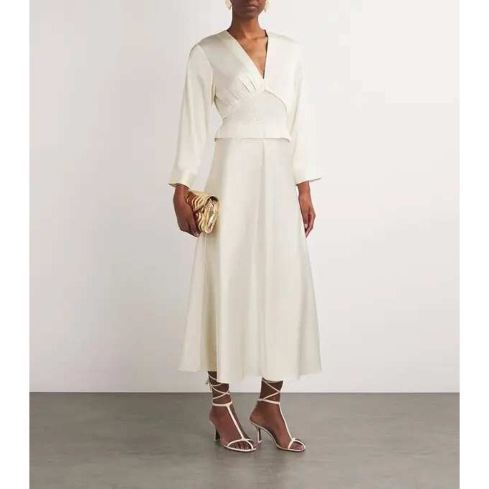 Sandro Mahaut Cream Satin Maxi Dress 42 US 10 NWT Long Sleeve 40s Retro Bridal
